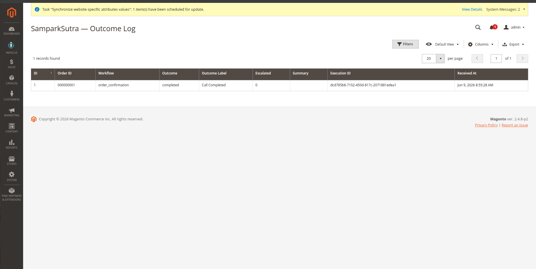 Magento Outcome Log showing order_confirmation completed for Order 000000001