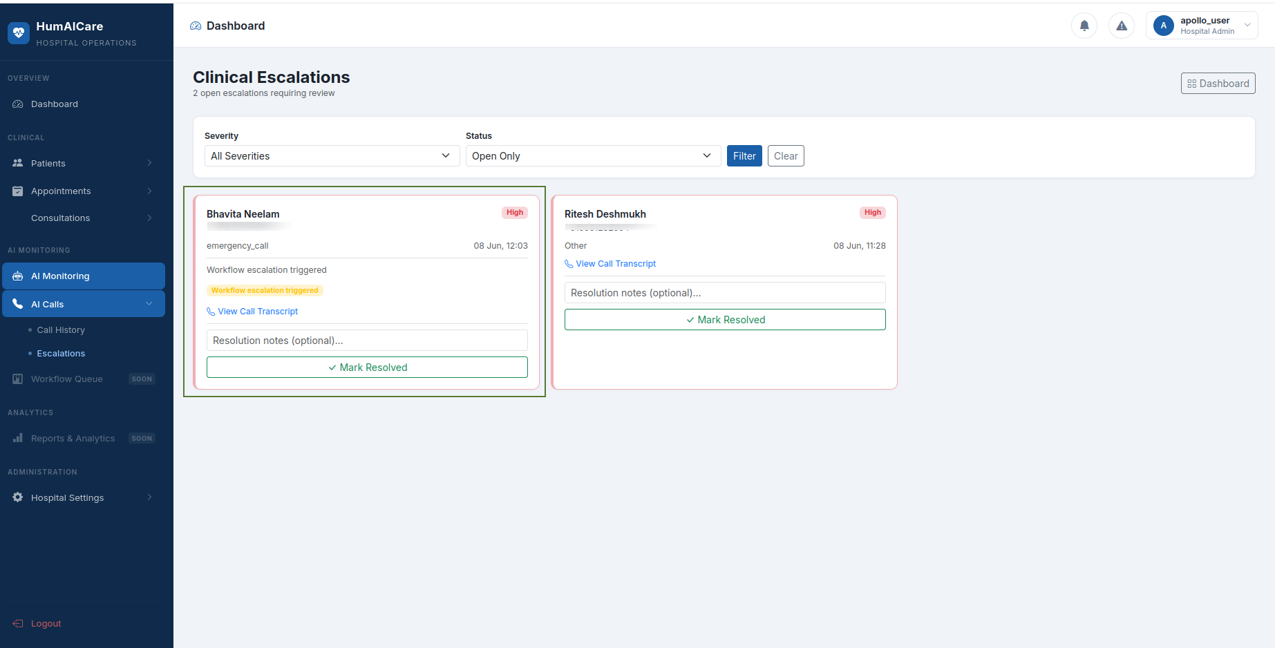 HumAICare Clinical Escalations dashboard showing Bhavita Neelam alert